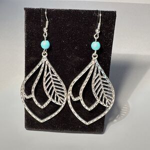 Boho Silver Tone Leaf FeatherTeardrop 3” Dangle Earrings Cutout with Bead